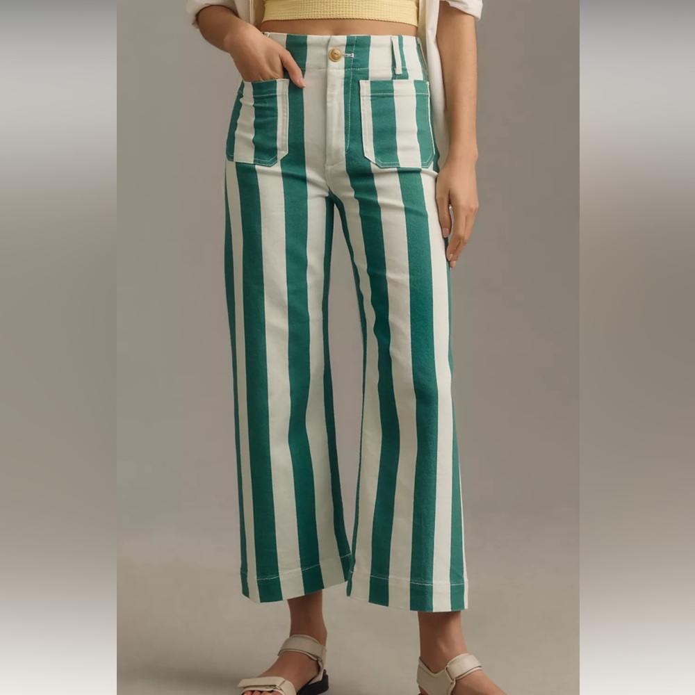Maeve Green and White Striped Wide-Leg Jeans